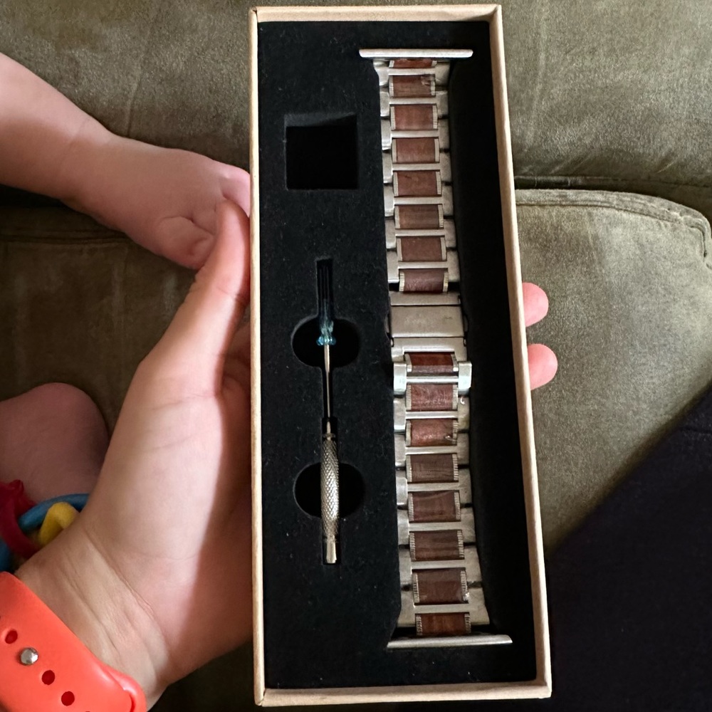 Stainless Steel and Dark Woo Grain Smart Watch Band
